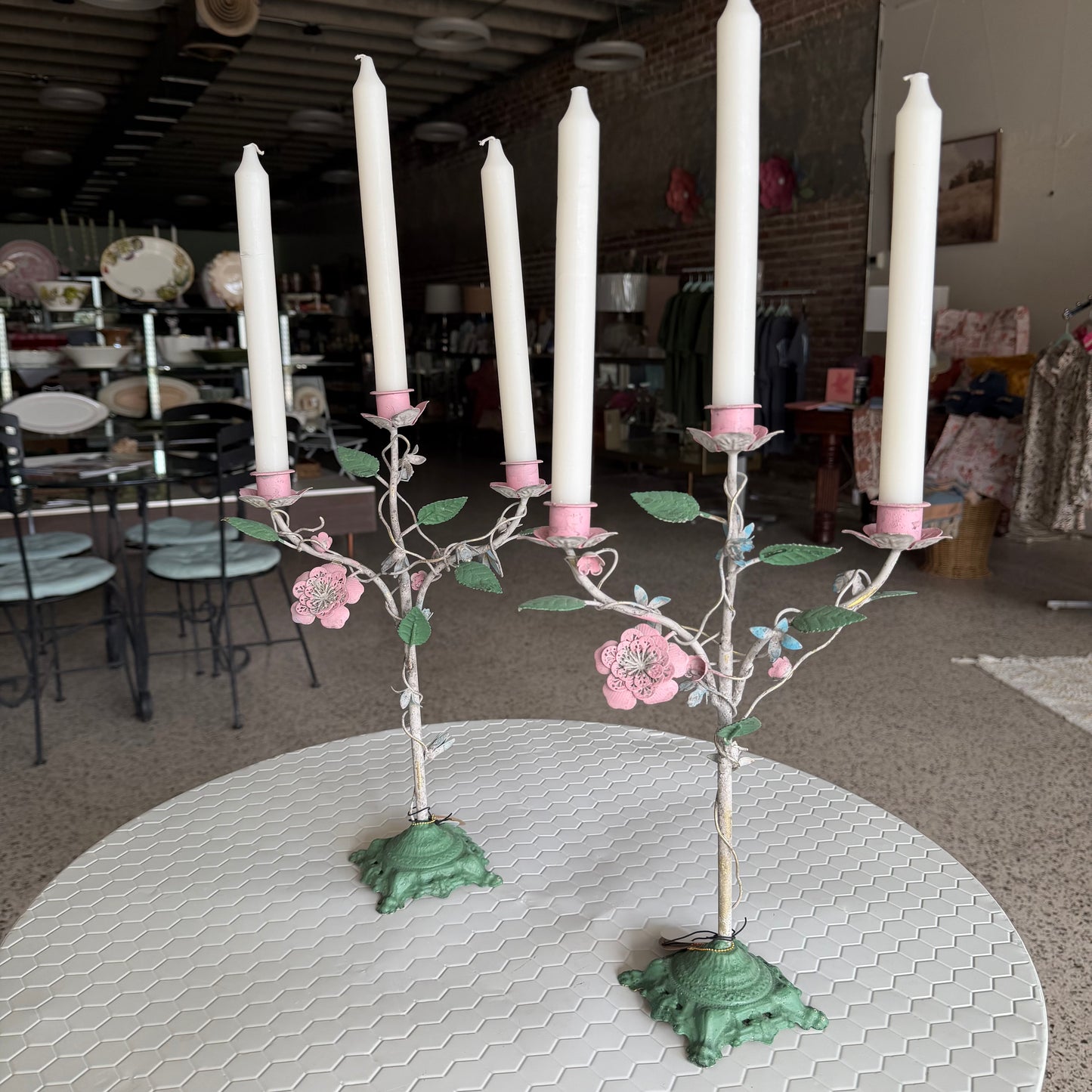 Pastel floral tole candlestick