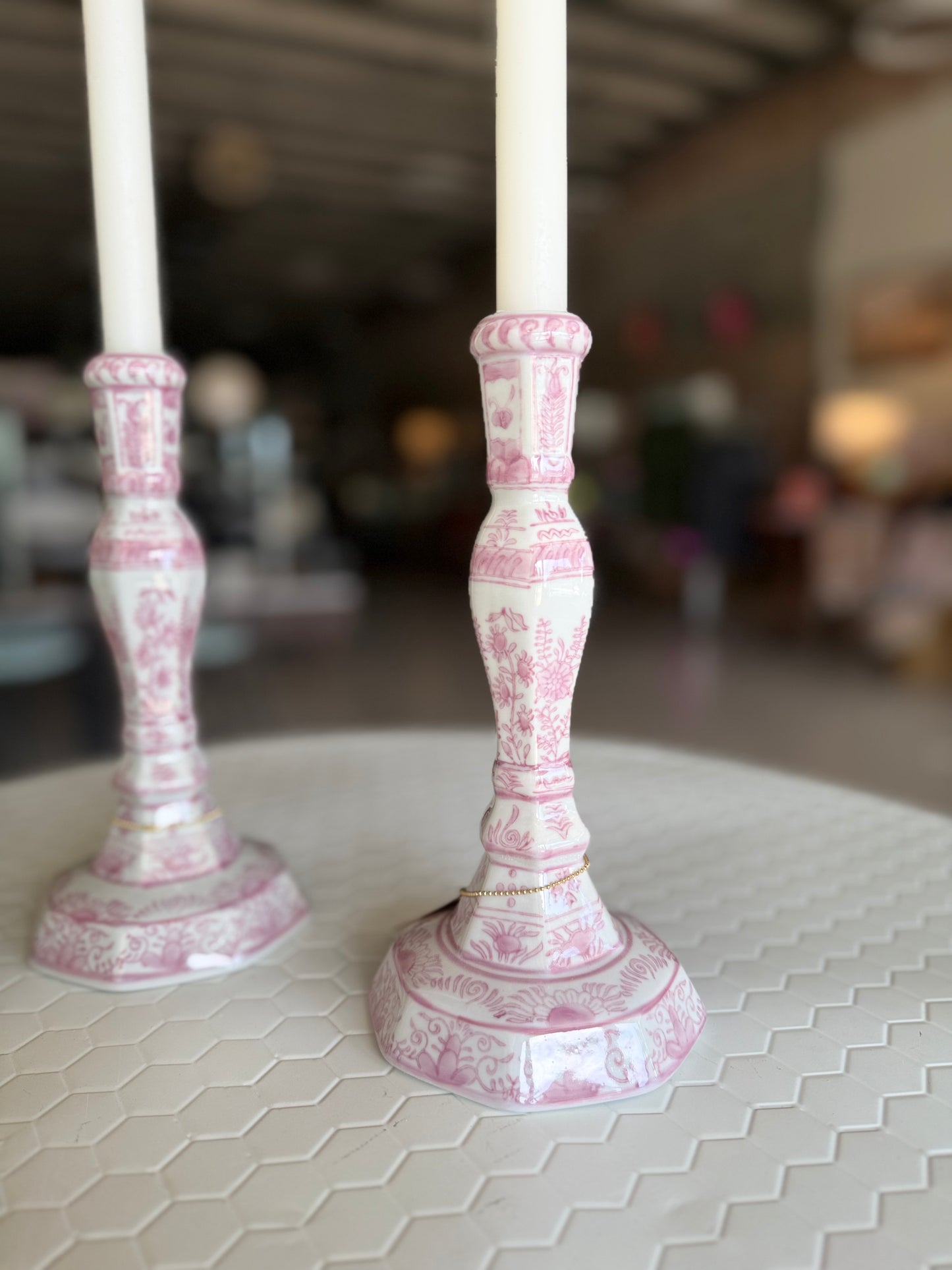 Lavender chinoiserie candlestick