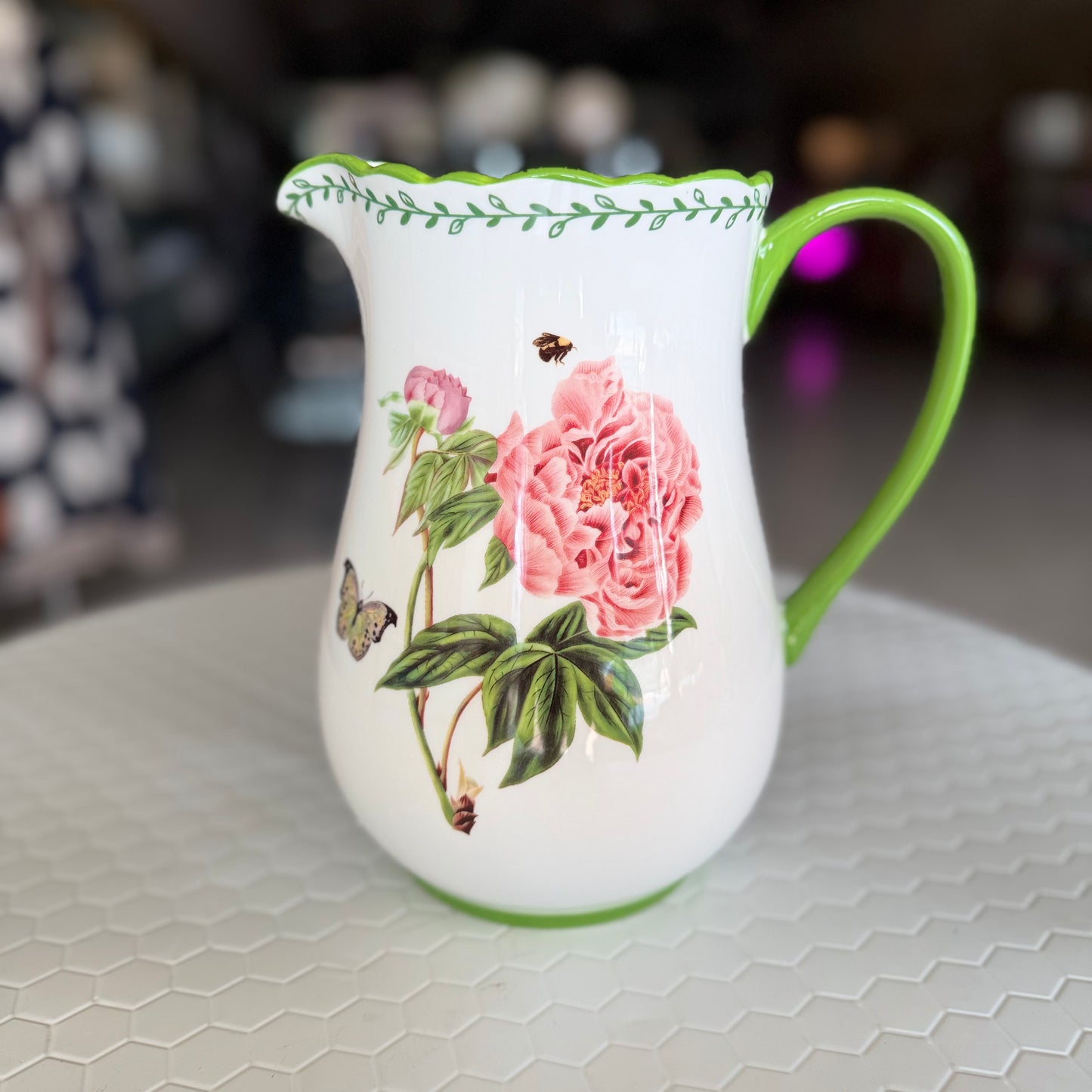 Large floral ceramic pitcher